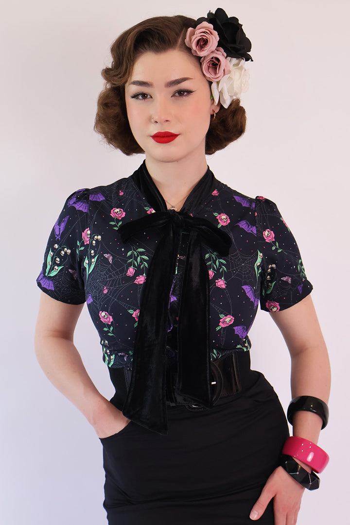 Night Garden Dark Floral Pussybow Shirt