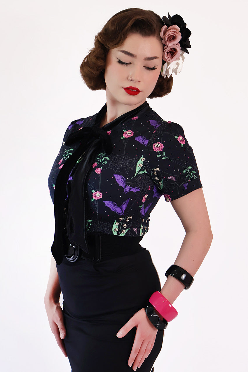 Night Garden Dark Floral Pussybow Shirt