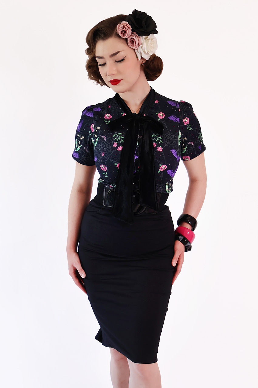 Night Garden Dark Floral Pussybow Shirt