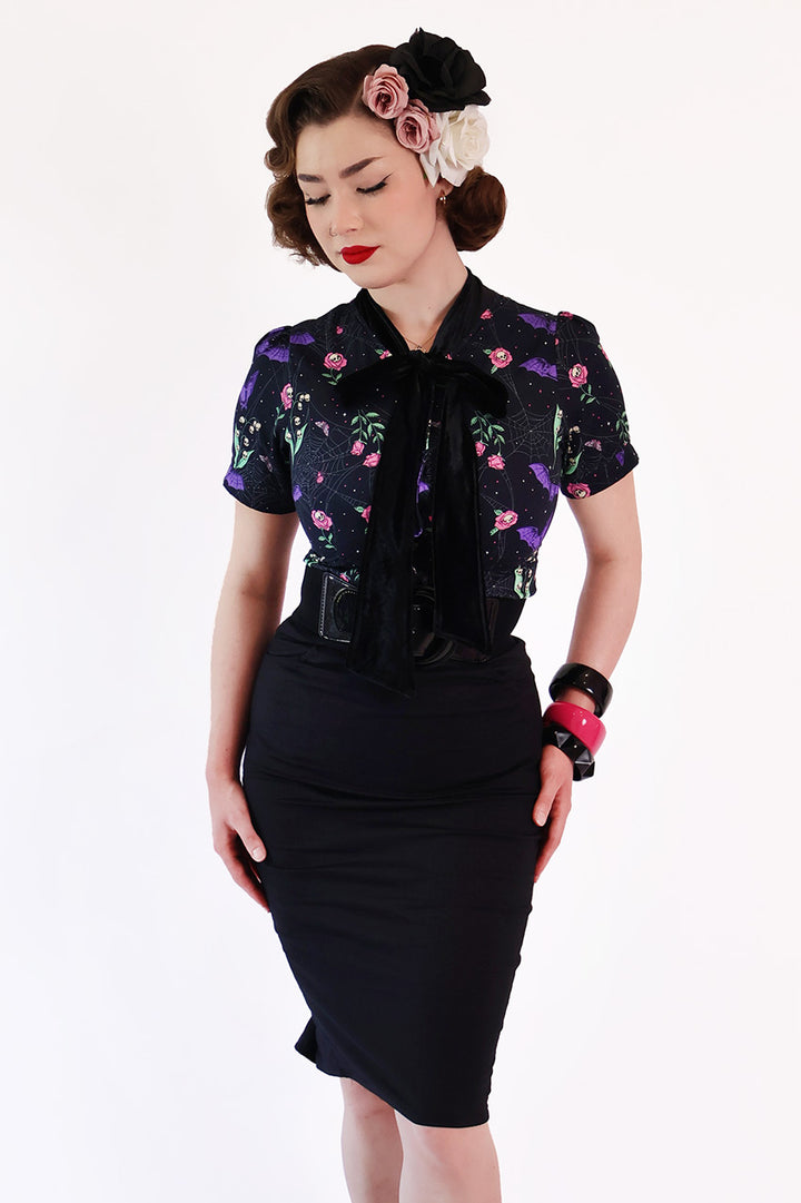 Night Garden Dark Floral Pussybow Shirt