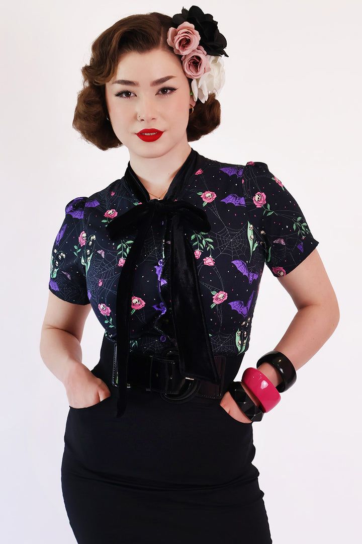 Night Garden Dark Floral Pussybow Shirt