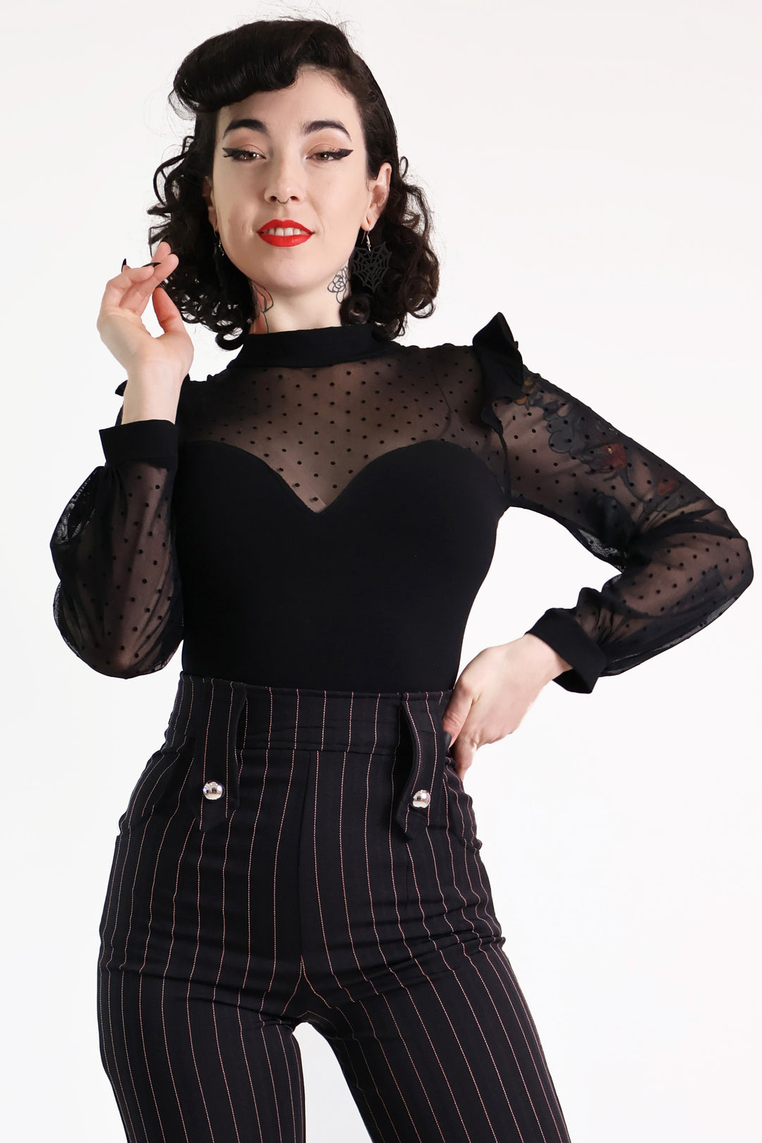 Black Polkadot Lace Long Sleeve Top – Bonsai Kitten