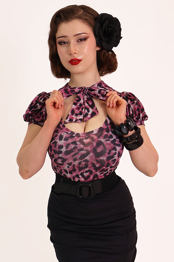 Purple Leopard Print Pussybow Top