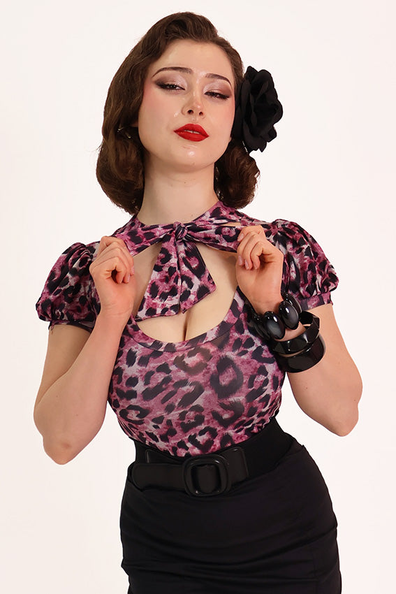 Purple Leopard Print Pussybow Top