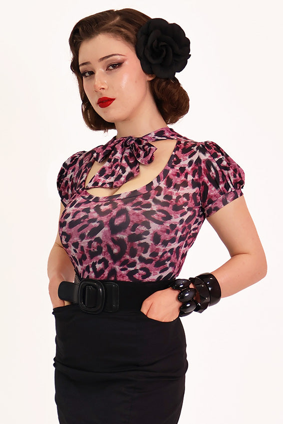 Purple Leopard Print Pussybow Top