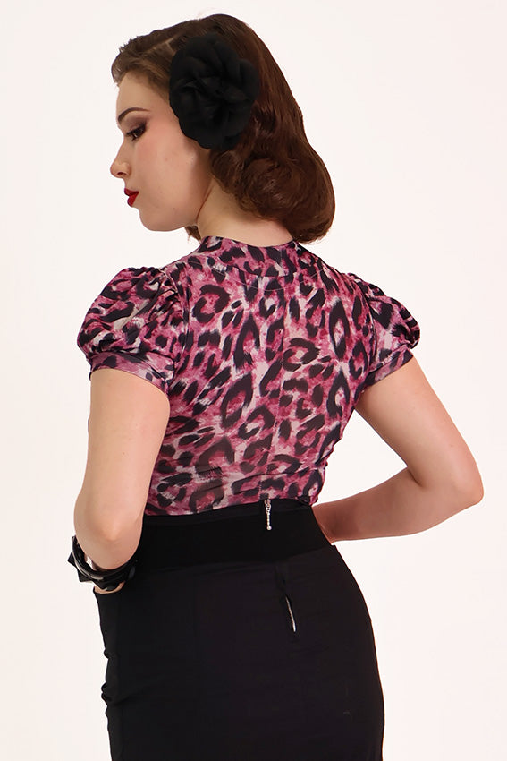 Purple Leopard Print Pussybow Top