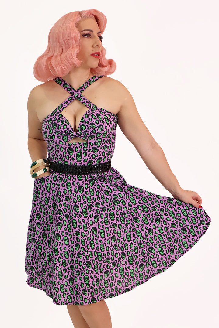 Franken-Leopard Purple and Green Leopard Print Swing Dress