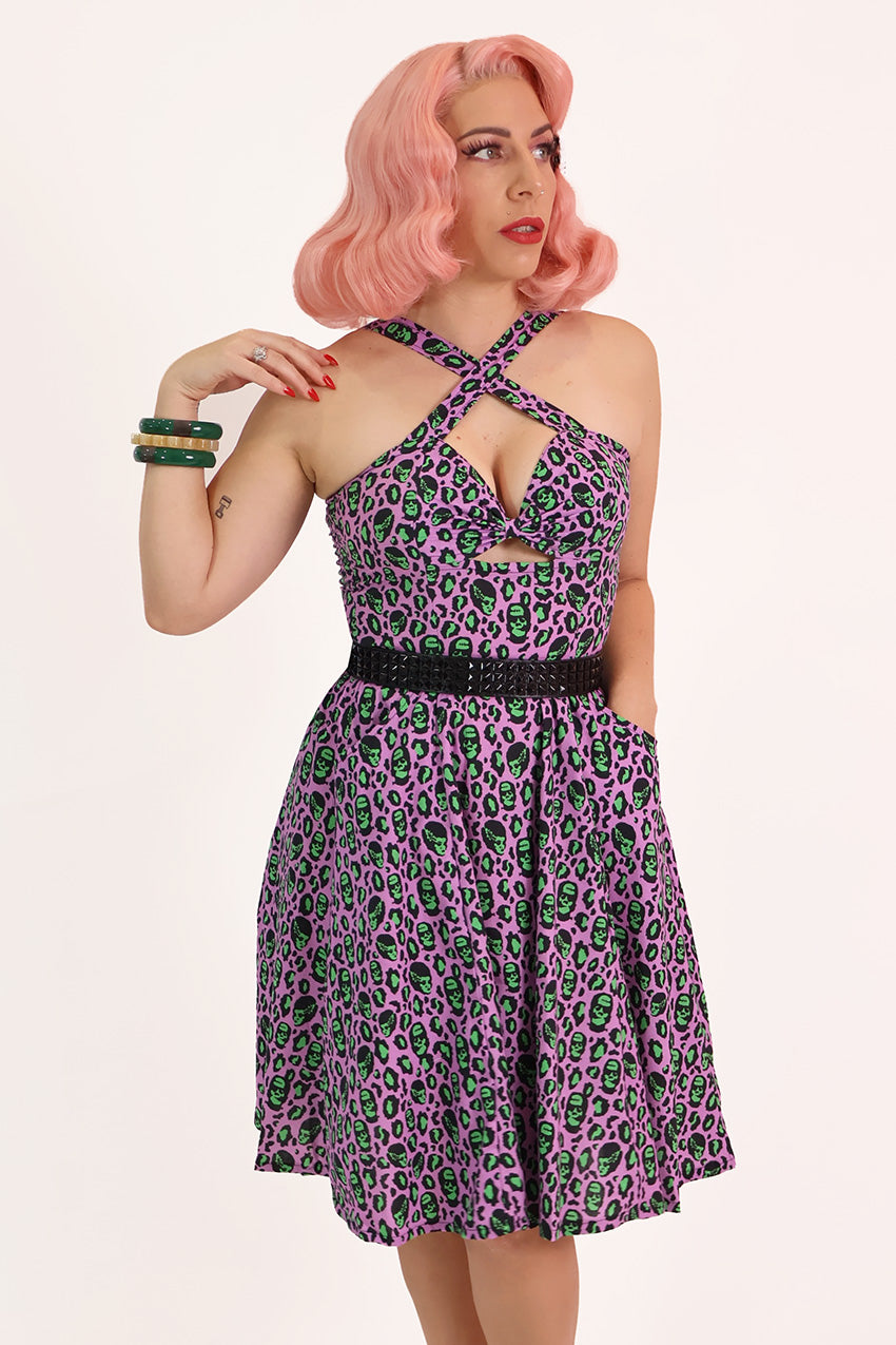 Franken-Leopard Purple and Green Leopard Print Swing Dress
