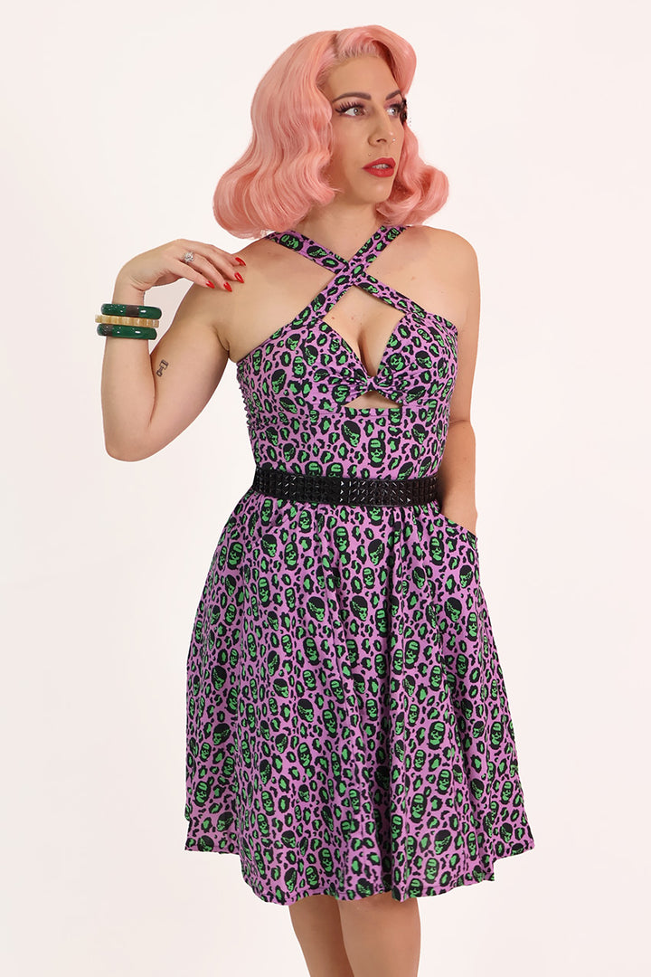 Franken-Leopard Purple and Green Leopard Print Swing Dress