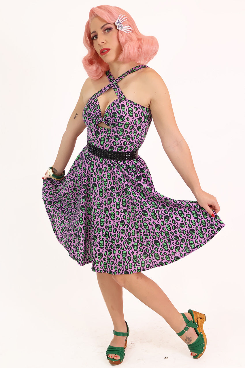 Franken-Leopard Purple and Green Leopard Print Swing Dress