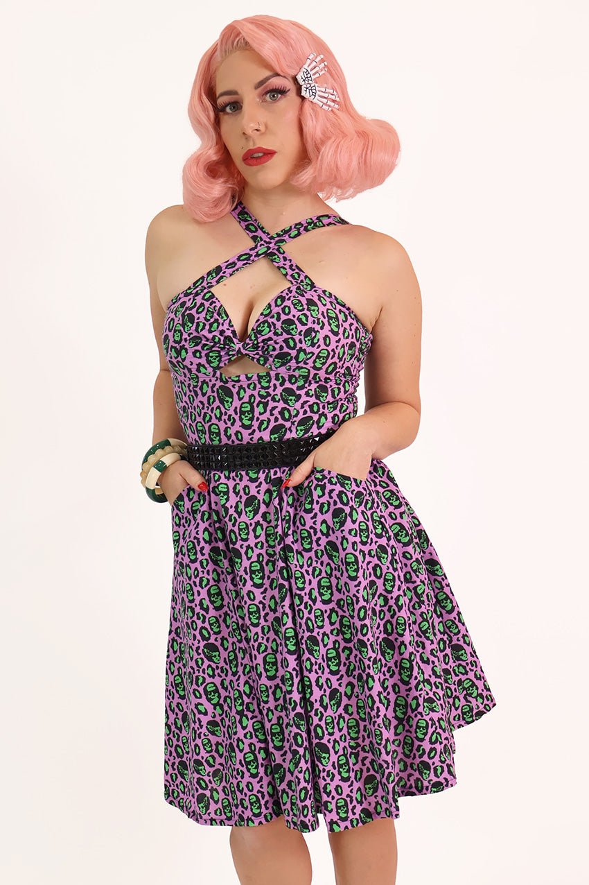 Franken-Leopard Purple and Green Leopard Print Swing Dress