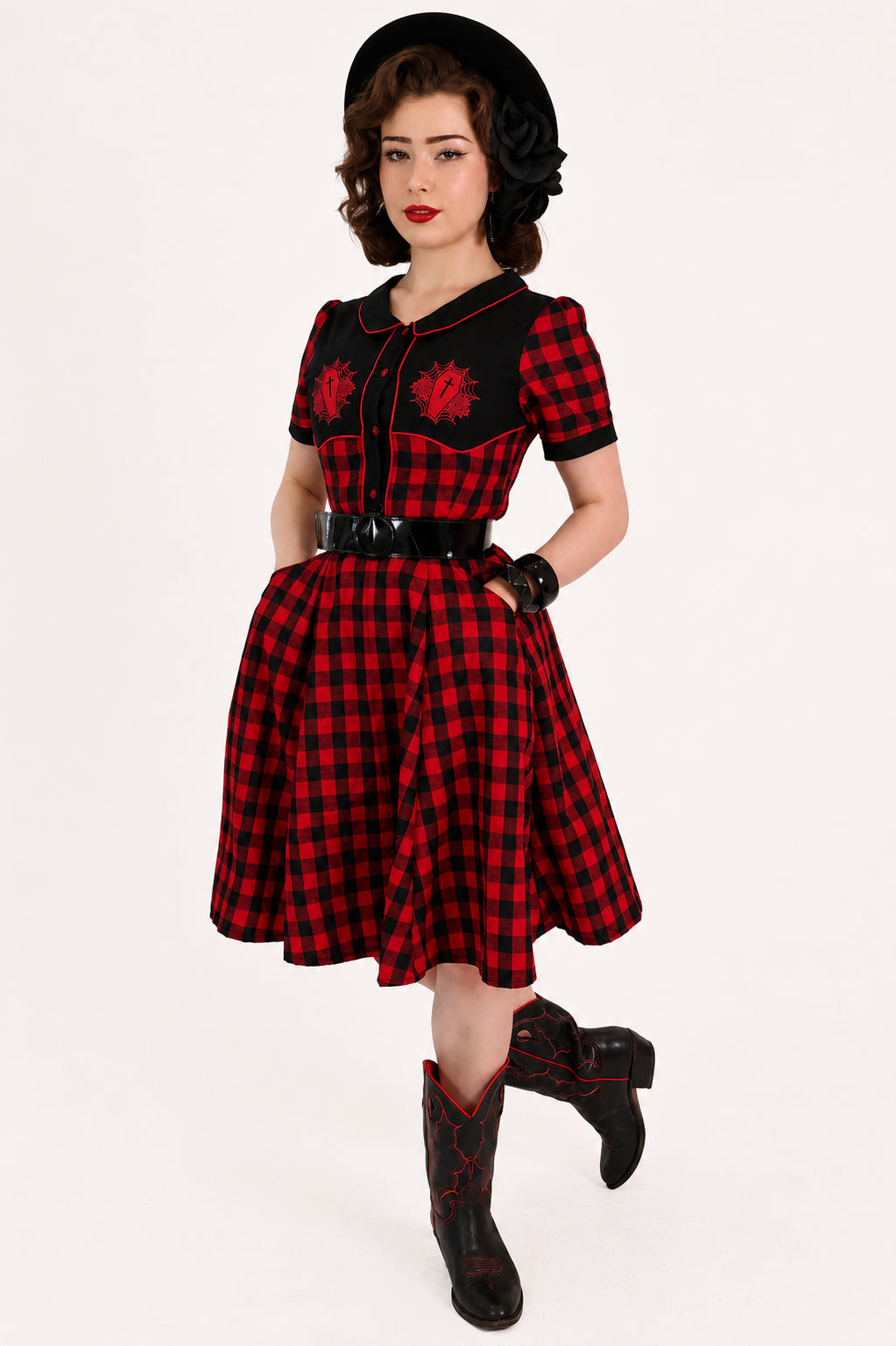 Red Plaid Gothic Western Swing Dress