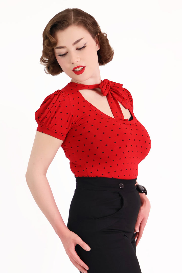 Red & Black Polkadot Short Sleeve Pussybow Top