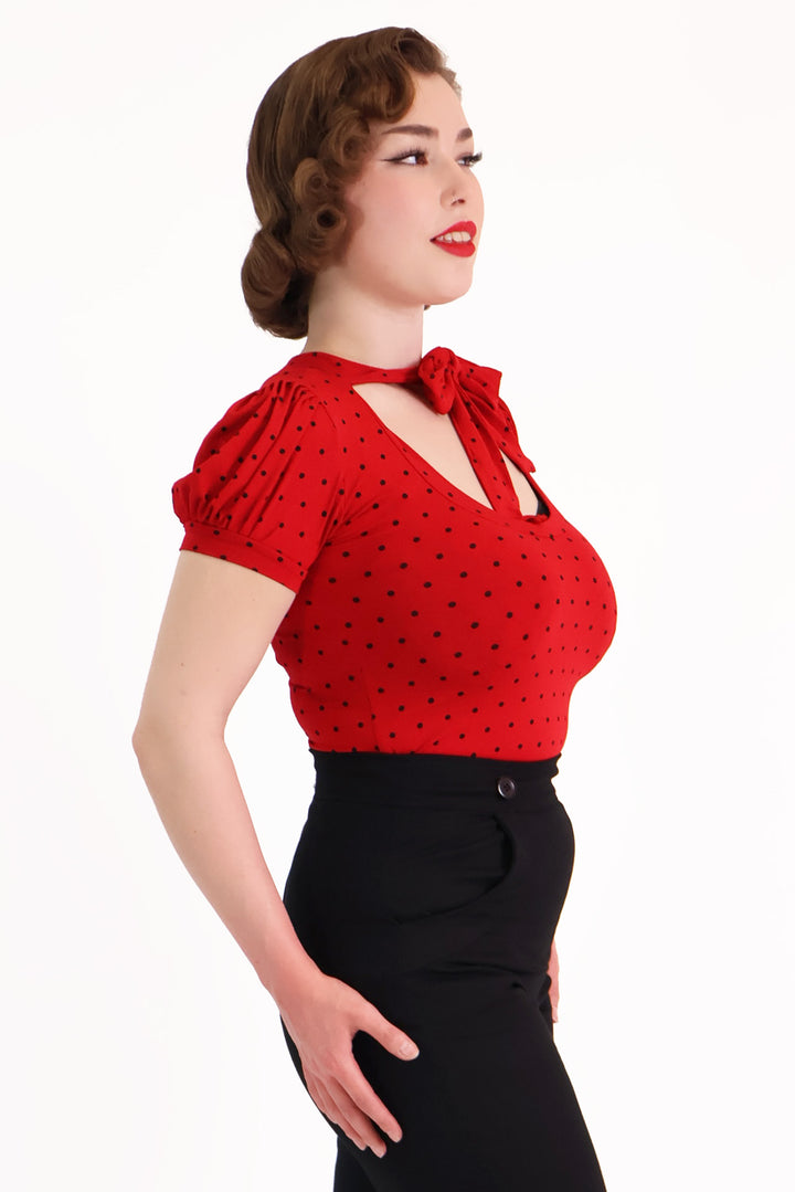Red & Black Polkadot Short Sleeve Pussybow Top