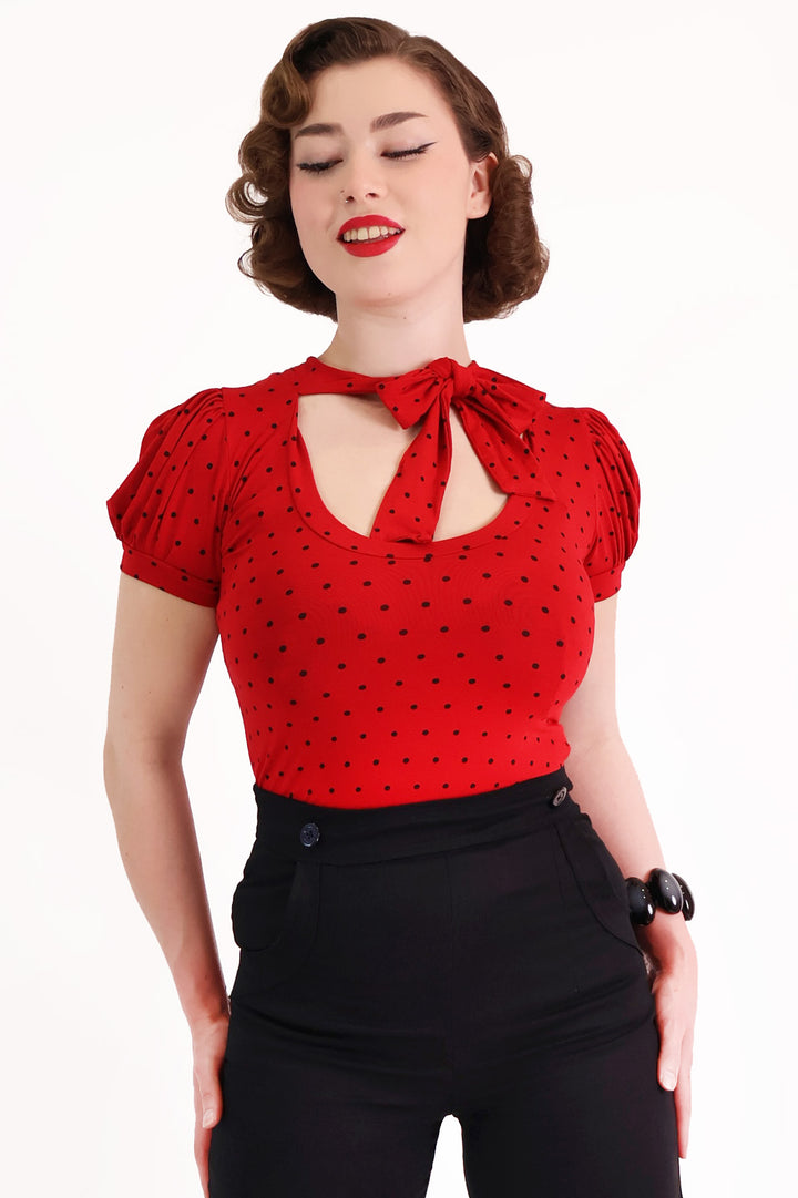 Red & Black Polkadot Short Sleeve Pussybow Top