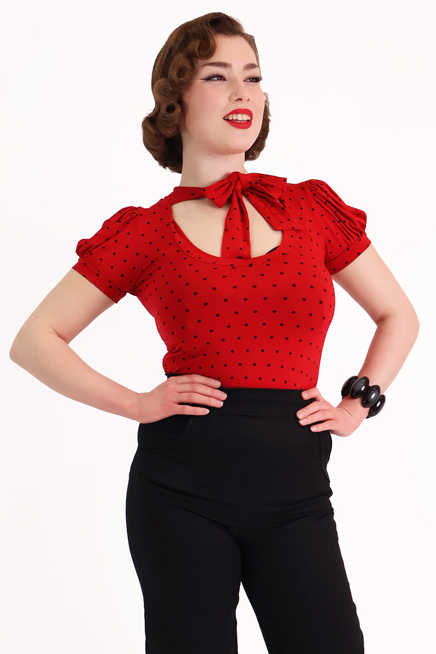 Red & Black Polkadot Short Sleeve Pussybow Top