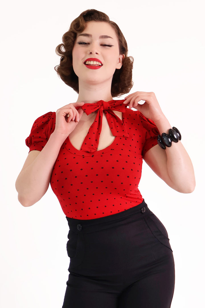 Red & Black Polkadot Short Sleeve Pussybow Top