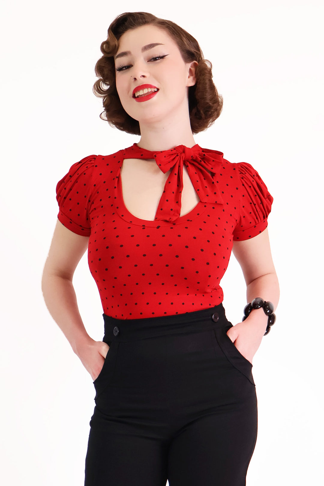 Red & Black Polkadot Short Sleeve Pussybow Top
