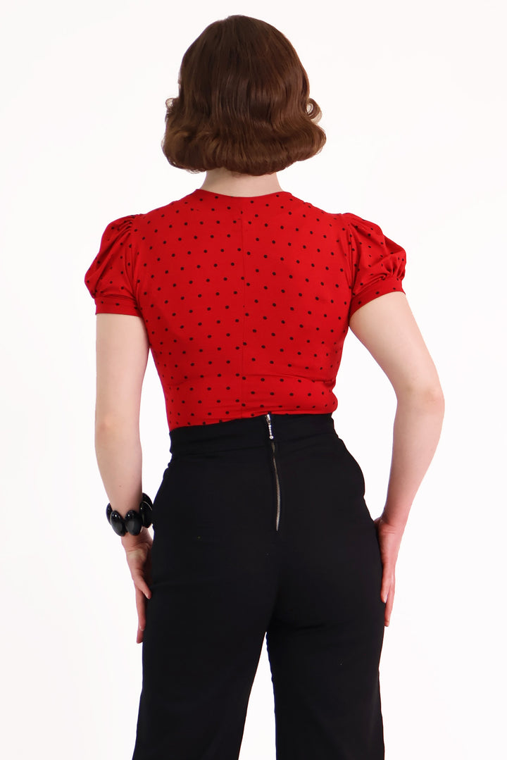 Red & Black Polkadot Short Sleeve Pussybow Top