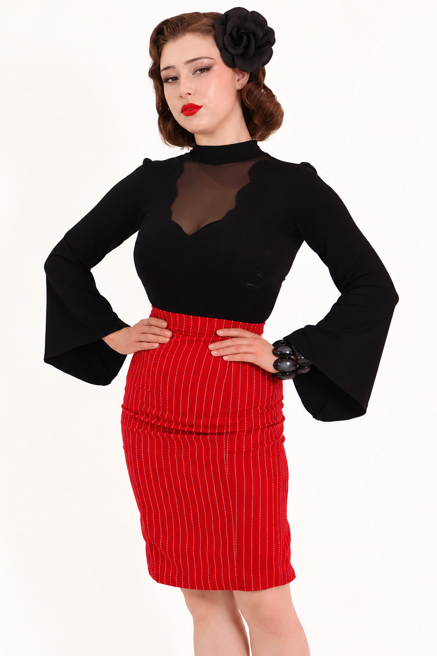 Red Pinstripe Pleat Pencil Skirt