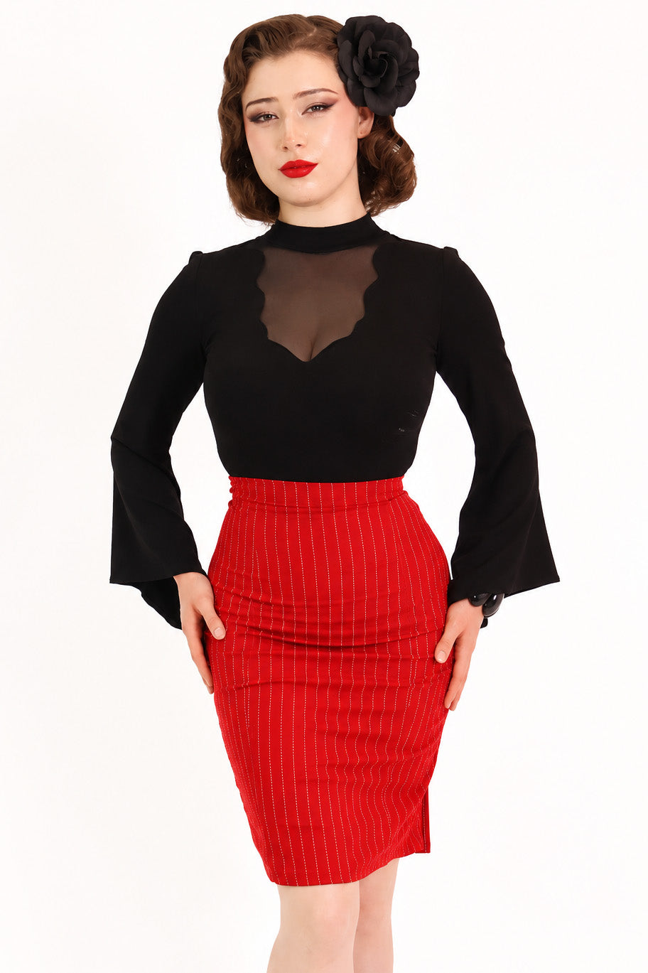 Red Pinstripe Pleat Pencil Skirt