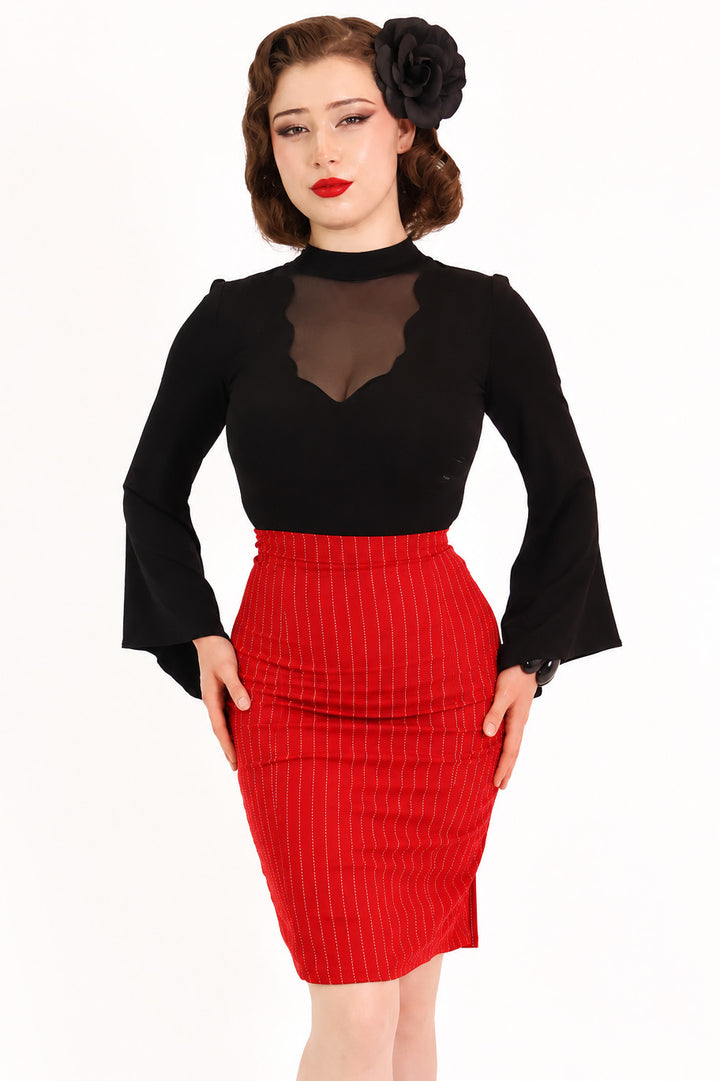 Red Pinstripe Pleat Pencil Skirt