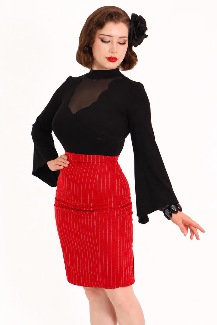 Red Pinstripe Pleat Pencil Skirt