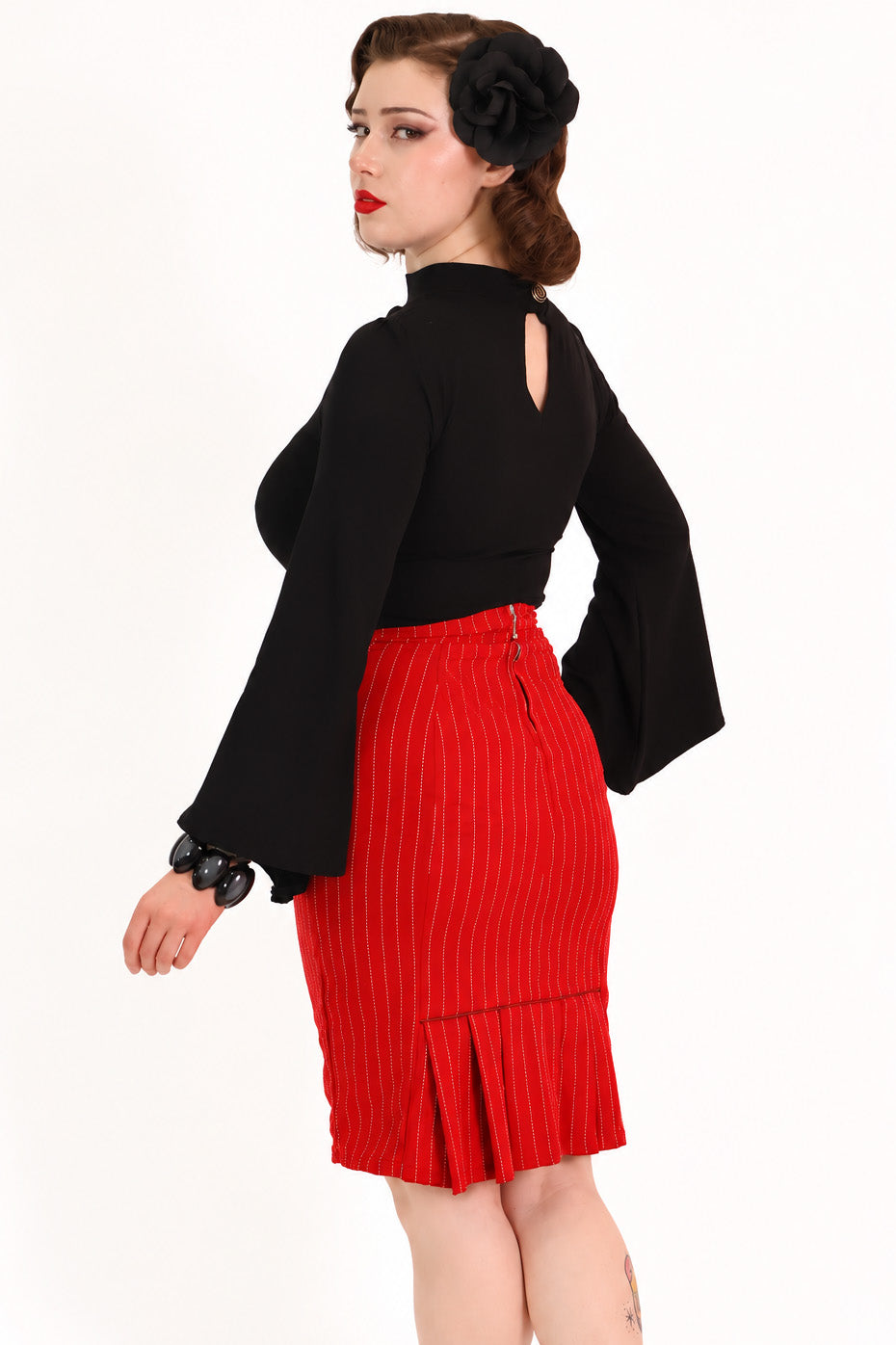 Red Pinstripe Pleat Pencil Skirt