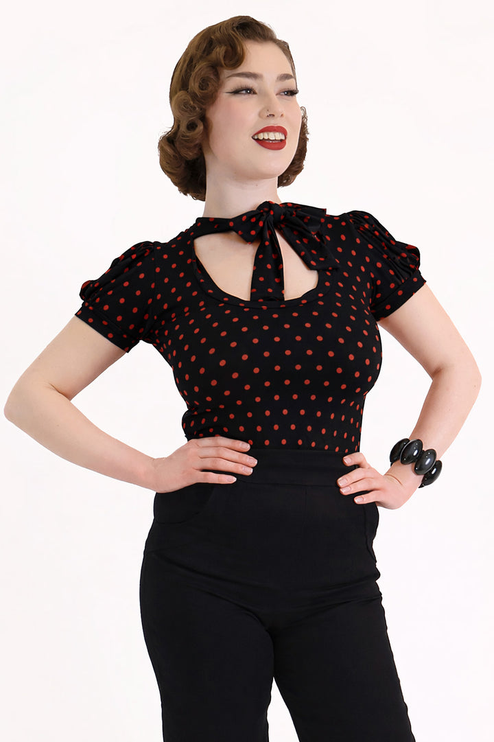 Black & Red Polkadot Short Sleeve Pussybow Top