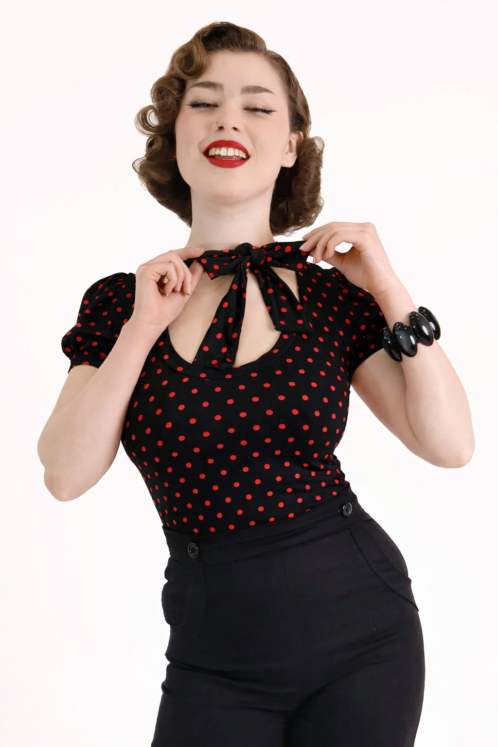 Black & Red Polkadot Short Sleeve Pussybow Top