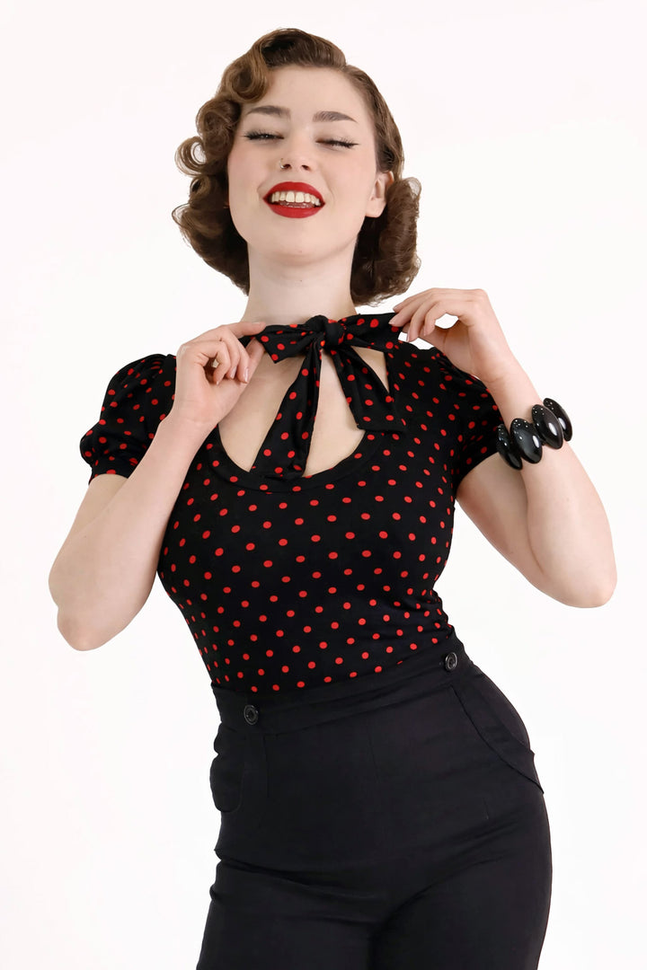 Black & Red Polkadot Short Sleeve Pussybow Top