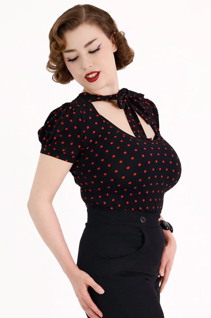 Black & Red Polkadot Short Sleeve Pussybow Top