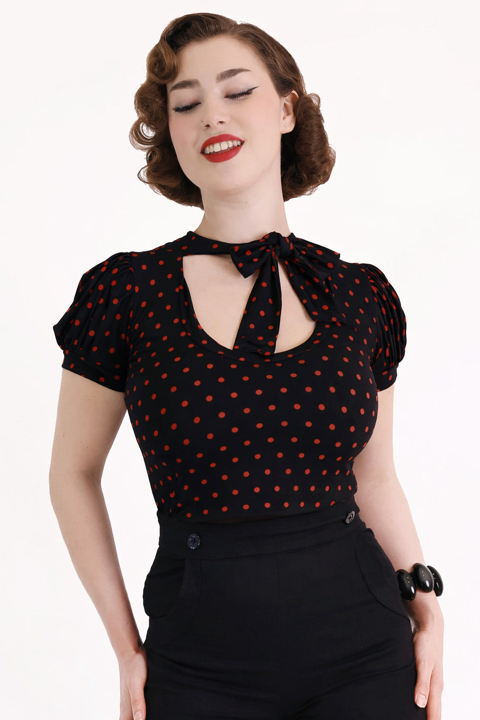 Black & Red Polkadot Short Sleeve Pussybow Top
