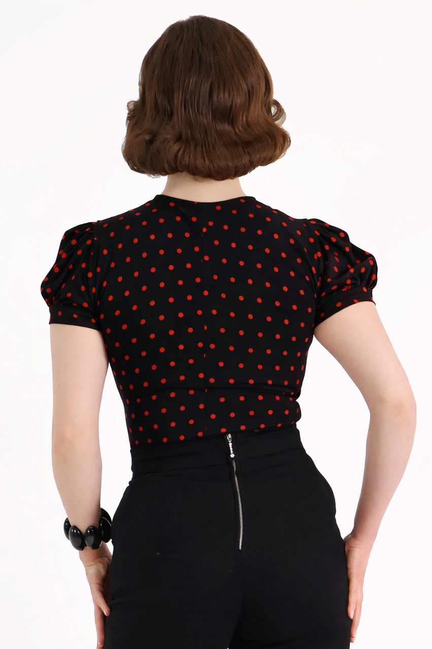 Black & Red Polkadot Short Sleeve Pussybow Top