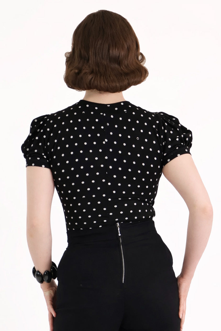 Black & White Polkadot Short Sleeve Pussybow Top
