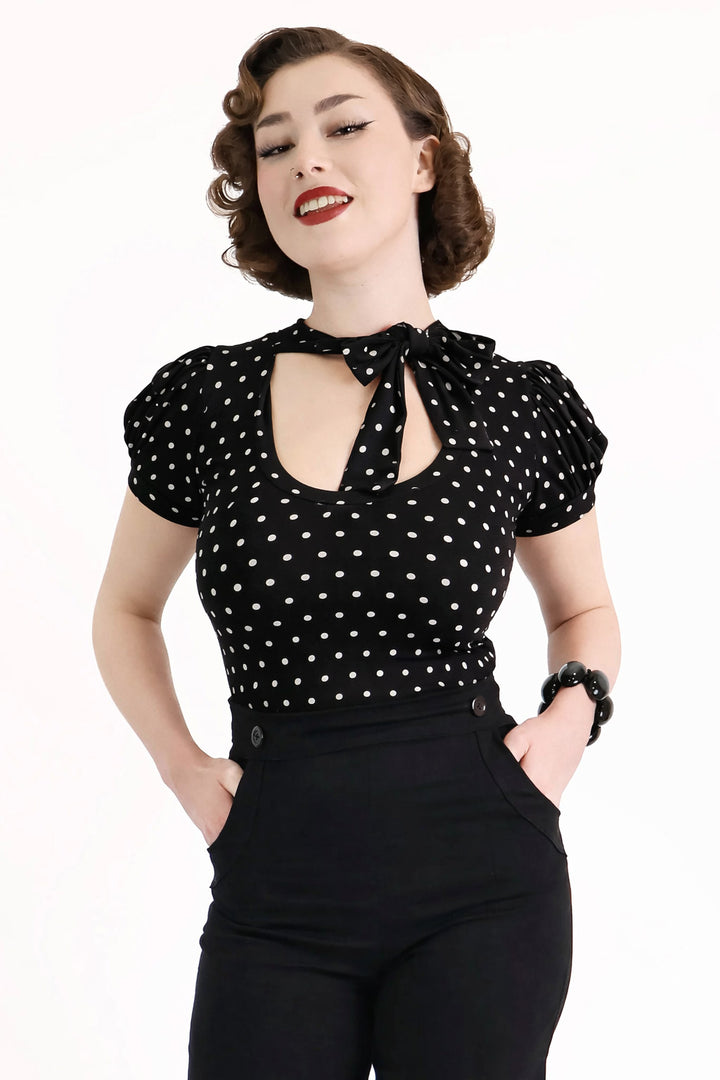 Black & White Polkadot Short Sleeve Pussybow Top