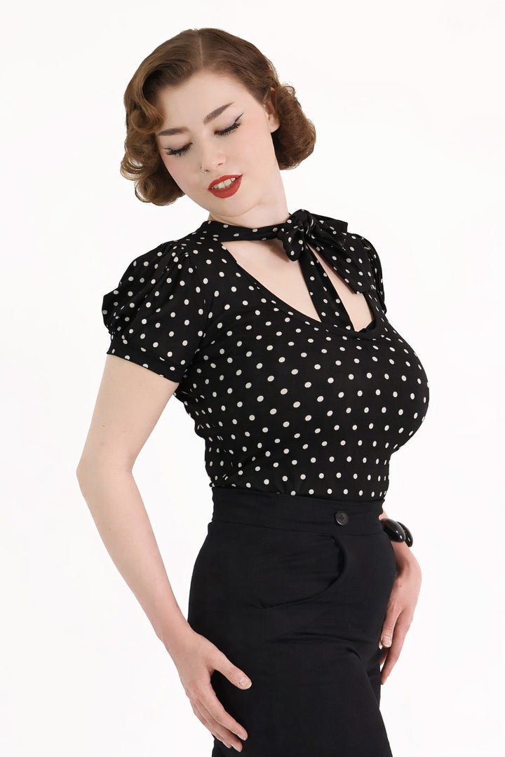 Black & White Polkadot Short Sleeve Pussybow Top