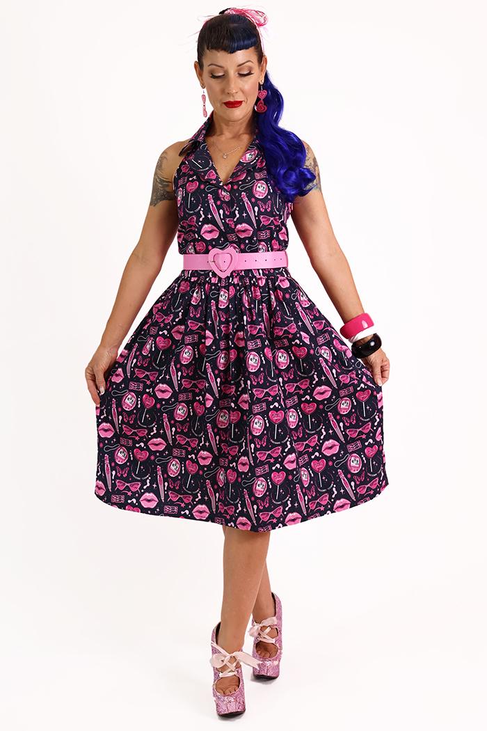 Doll Face Pink & Black Printed Retro Collar Dress
