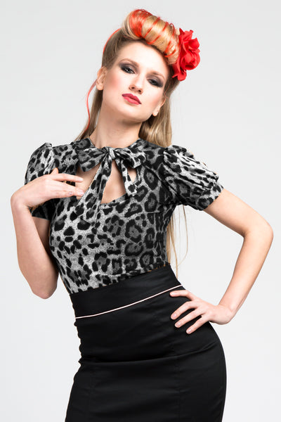 Snow Leopard Short Sleeve Pussybow Top
