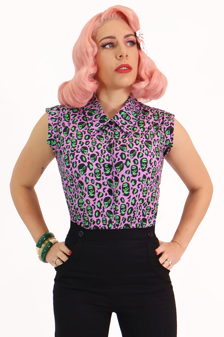 Franken-Leopard Purple and Green Printed Retro Shirt