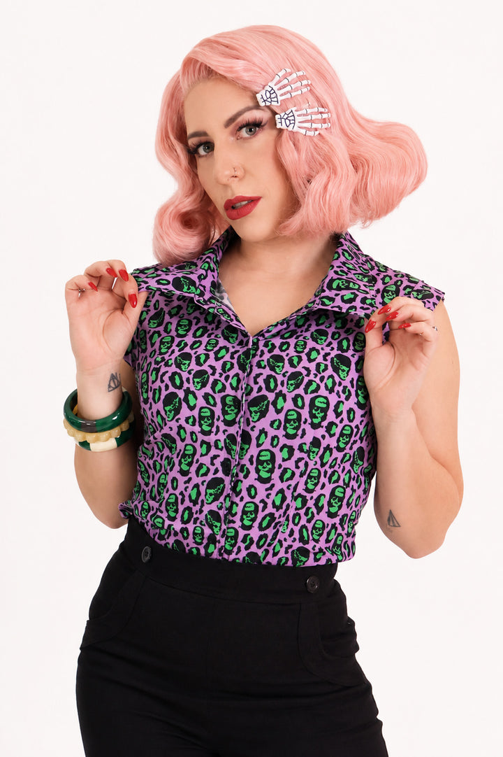 Franken-Leopard Purple and Green Printed Retro Shirt