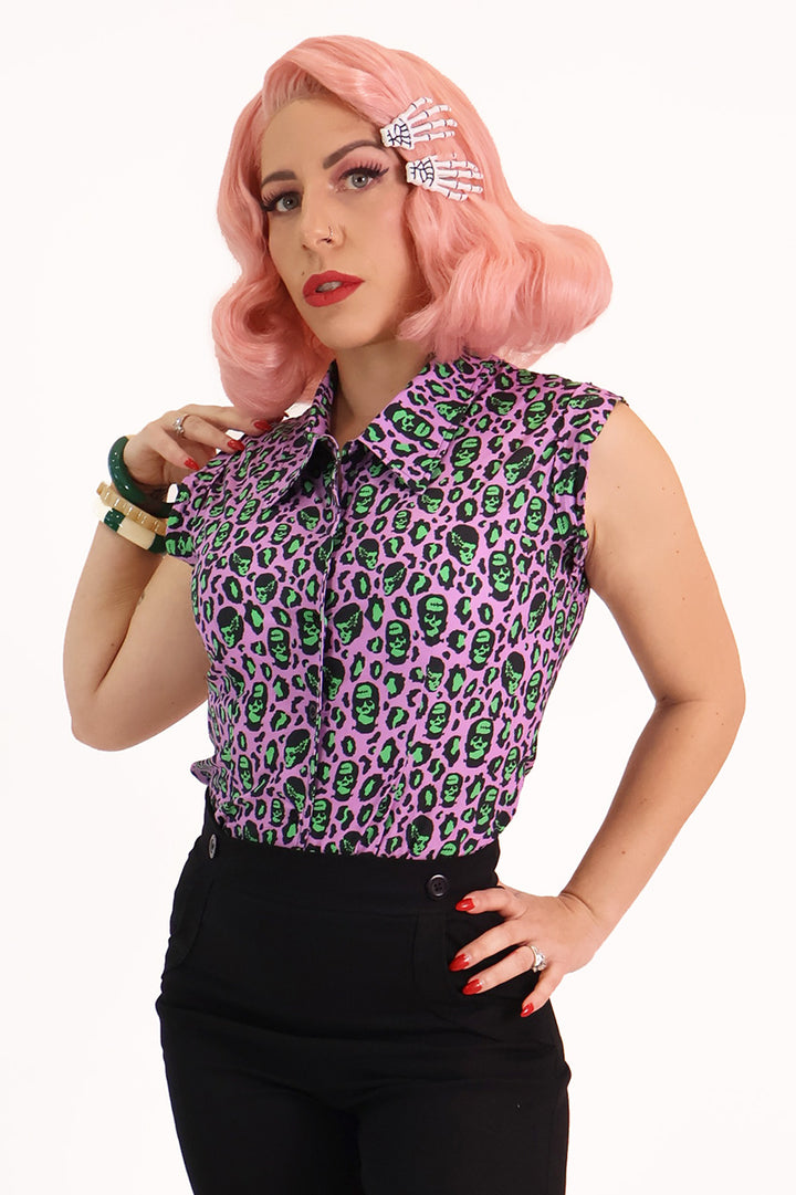Franken-Leopard Purple and Green Printed Retro Shirt