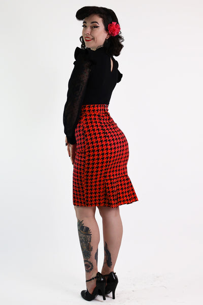 Red Houndstooth Pleat Pencil Skirt