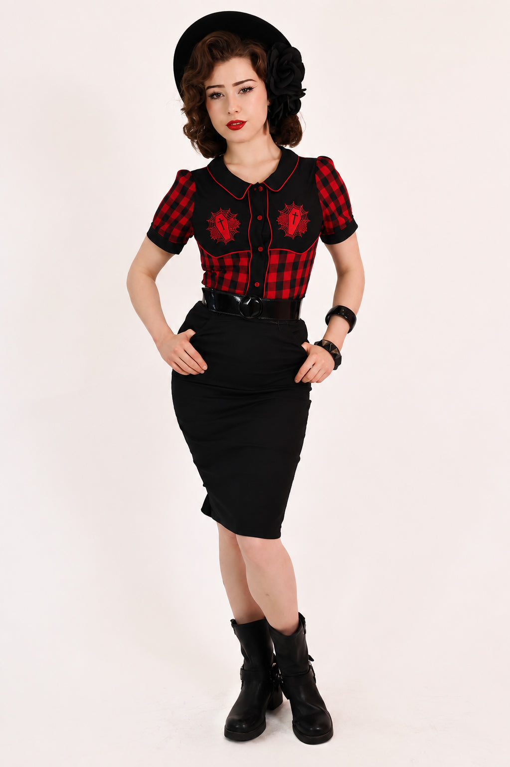 Gothic Western Shirt Black & Red Plaid