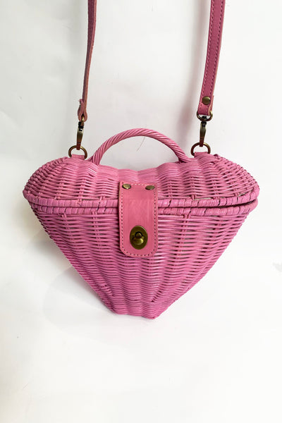 Pink Heart Rattan Handbag