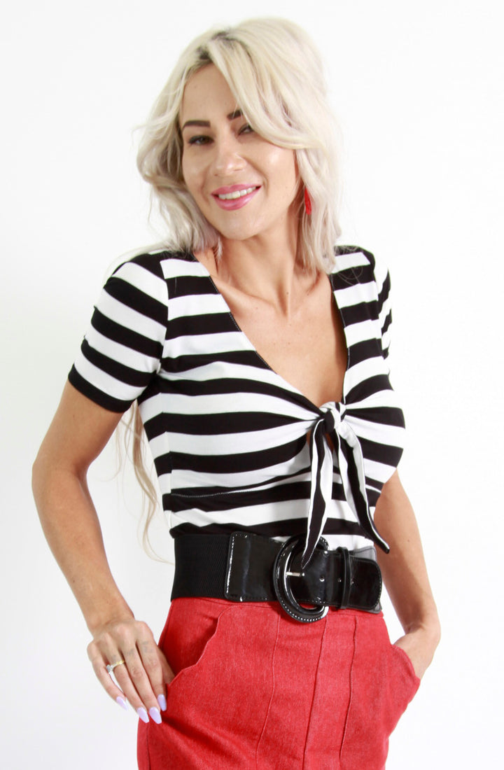 Black Stripe Audrey Tie Top